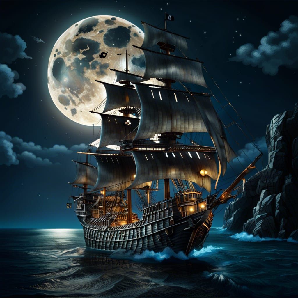 A pirate ship on the high seas glimmering in the moonlight  ...