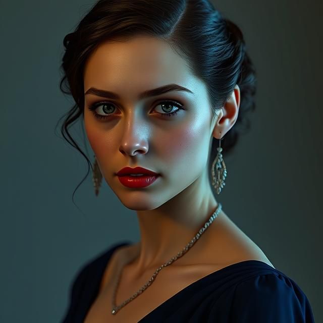 PORTRAIT OF AUDREY HEPBURN DRESSED IN A NAVY-BLUE EVENING DR...