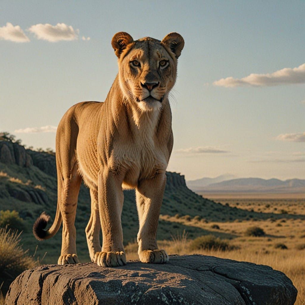 A Regal Lioness Dominates a Sunset Savannah Landscape