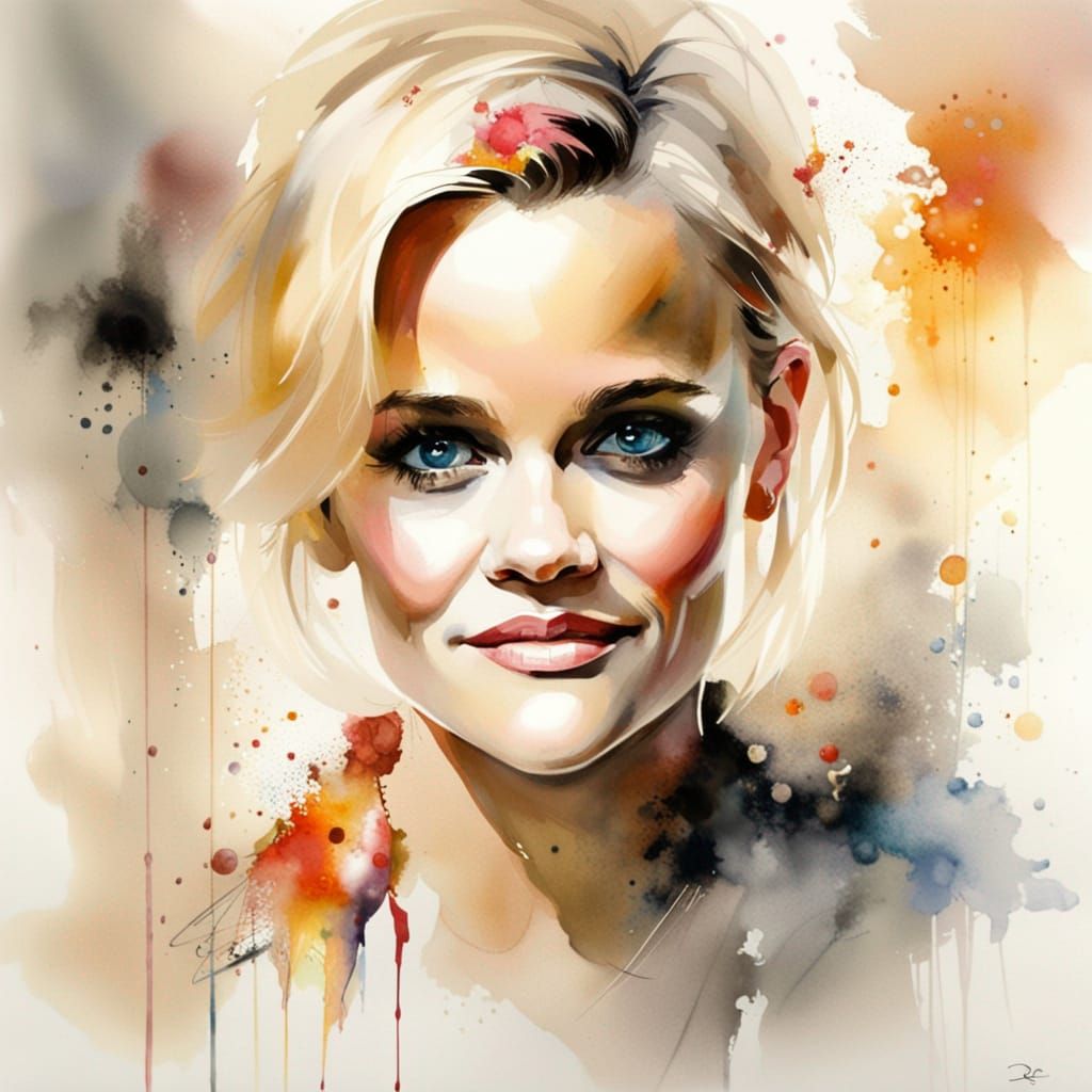 Reece Witherspoon, portrait by Willem Haenraets, watercolor,...