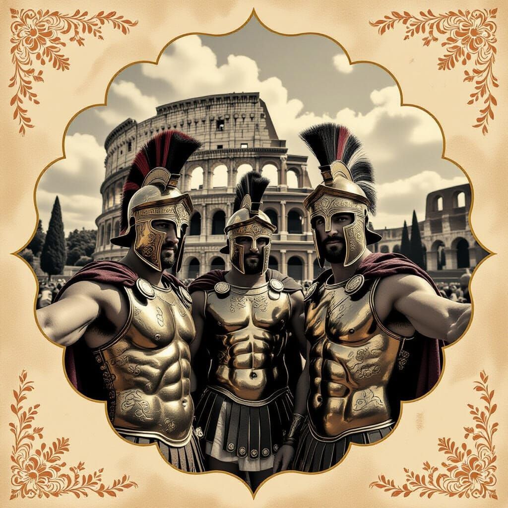 Vintage cloudy-shaped framed photograph of gladiators selfie in 2025 by colosseum. A creamy texture with floral patterns. Sepia toned. DaVin...