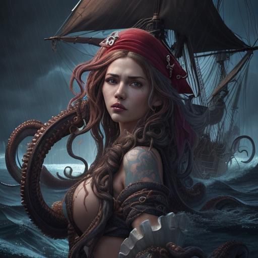 Gorgeous clothed Female pirate entangled in enormous kraken ...