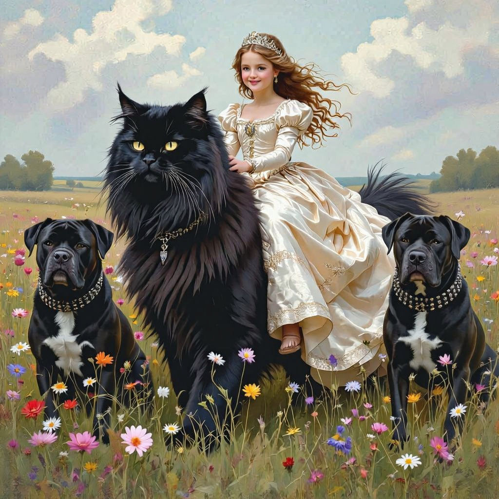 A young princess, clad in a flowing gown of shimmering silk, riding a giant, fluffy, black like a panther, Persian cat through a field of wi...