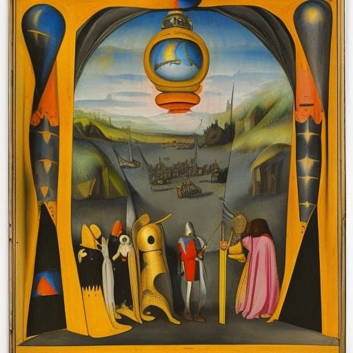 Medieval knights at a flying saucer take an oath of allegian...