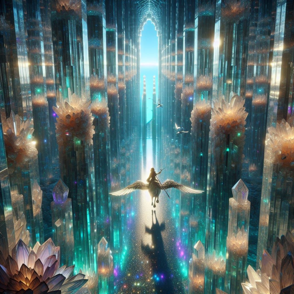 View from deep within a glowing crystal cave, looking straight up through a corridor multi layered cloisters of refracted light toward a dis...