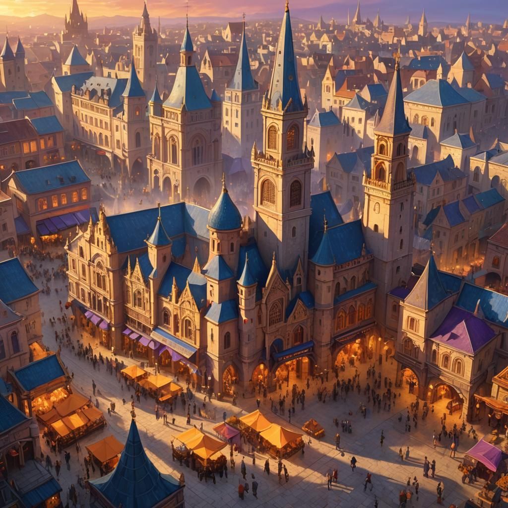 Bustling City Square at Sunset: Fantasy Concept Art