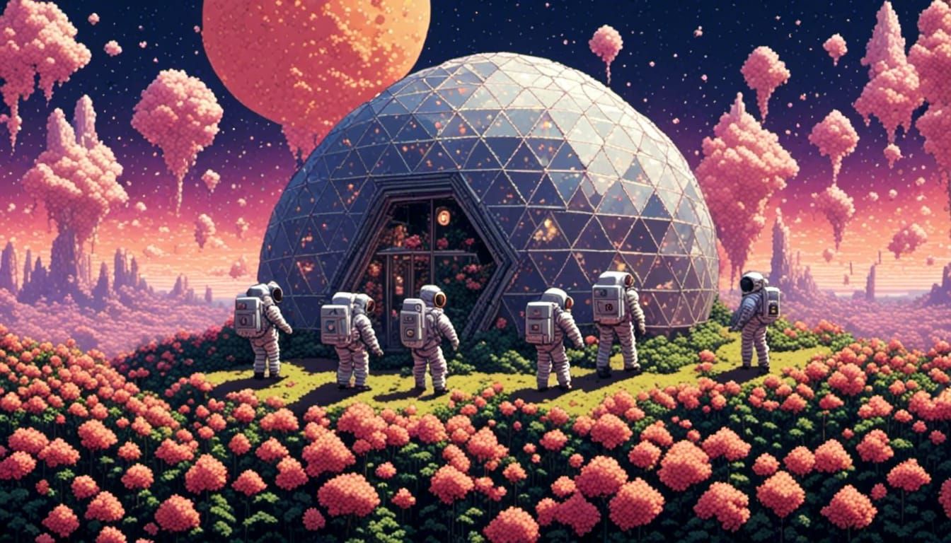 Pixel men in spacesuits tending to the flowers in a geodesic dome of atmosphere on the moon  by @BrazilIAn_Nerd