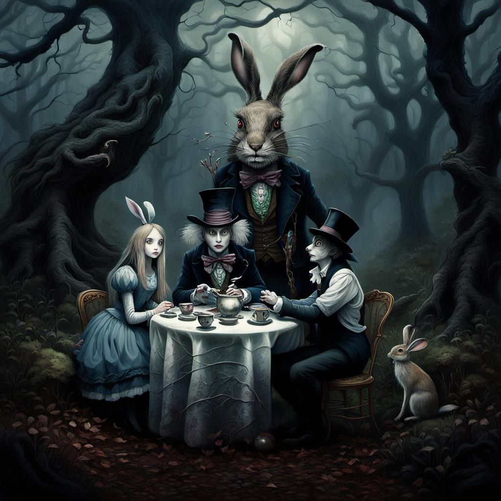 Alice in Dark Wonderland having tea with the Mad Hatter, White Rabbit, Field Mouse, and Hare all of them in a gothic haunting style and seat...