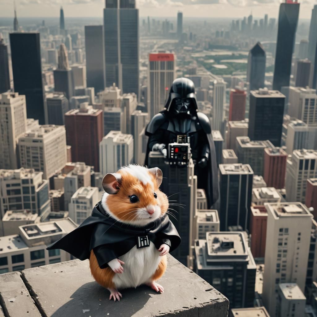 a 3/4 faced red and white hamster with a black cape on top o...
