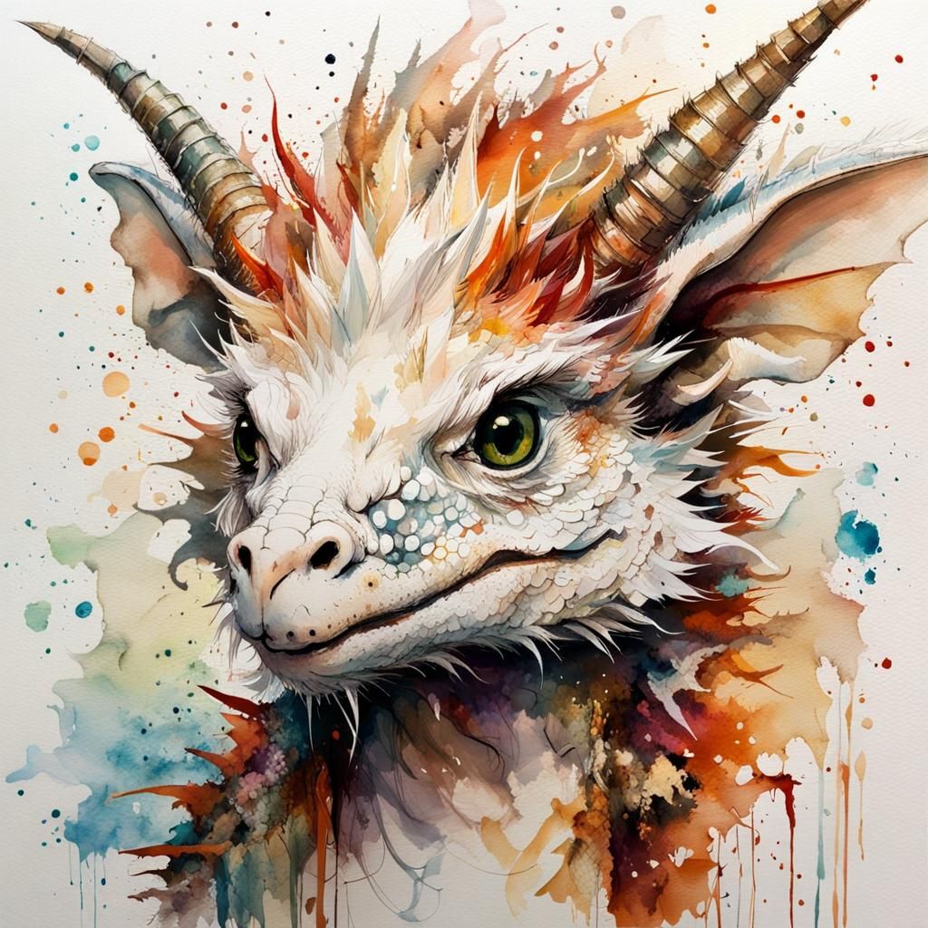 Adorable White Dragon Portrait in Watercolor Splash Art
