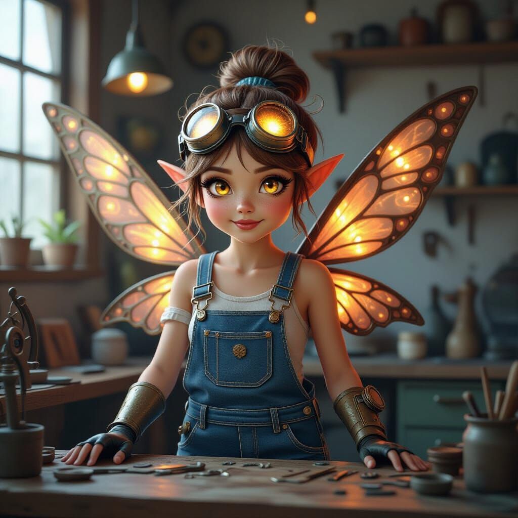 A mechanic fairy with metal wings and glowing eyes.  by @kk