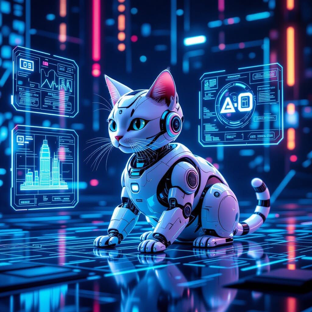 A futuristic robot cat, representing Generation Alpha, is exploring a virtual reality world, surrounded ...  by @Musk Kellman