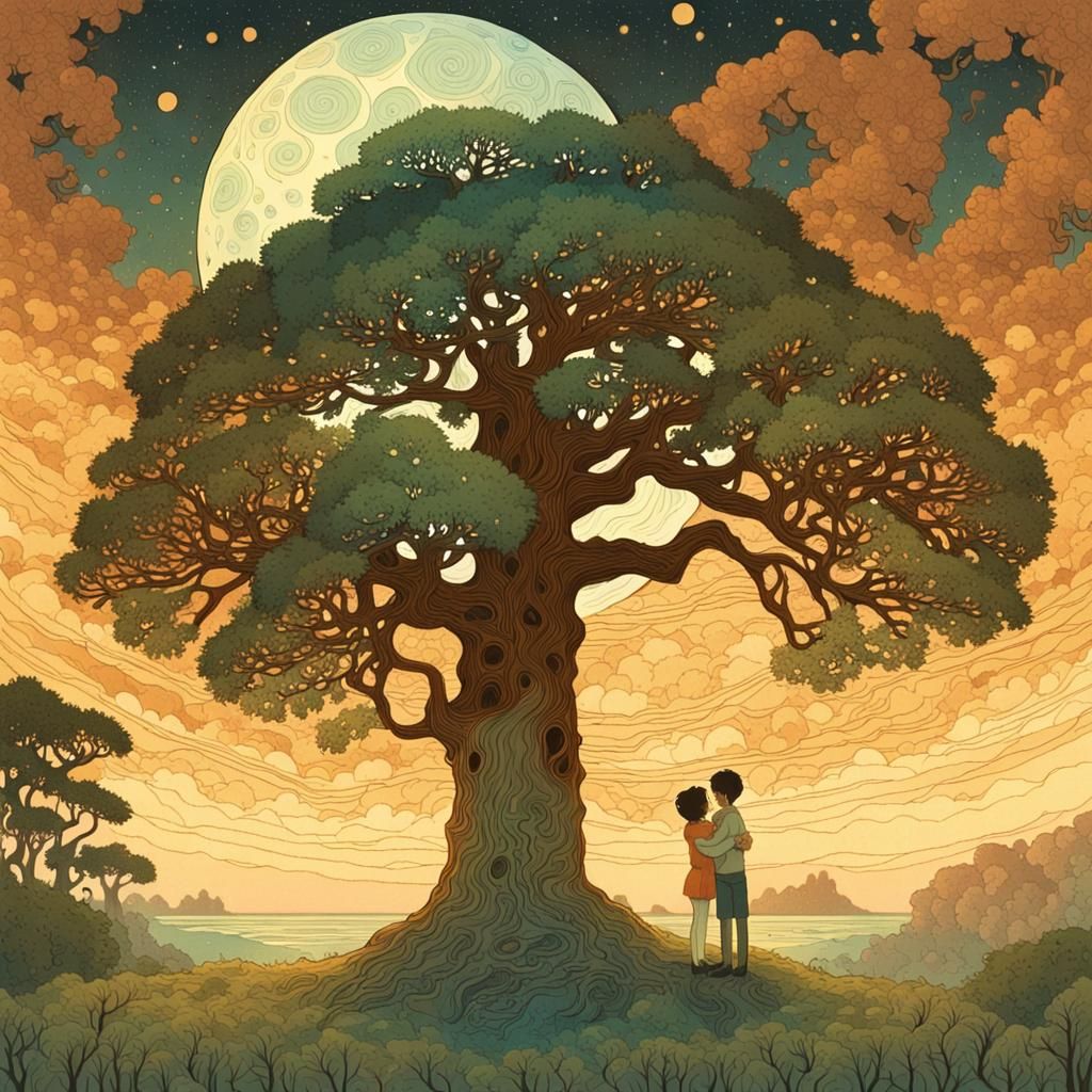 Children Hugging Oak Tree in Ngai Style