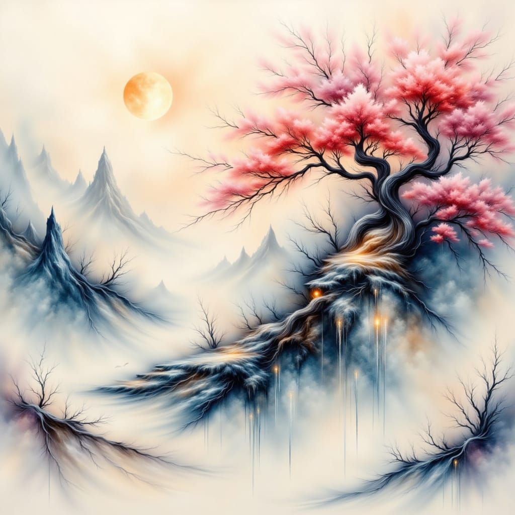 Ethereal Watercolor Oriental Landscape with Soft Gradients