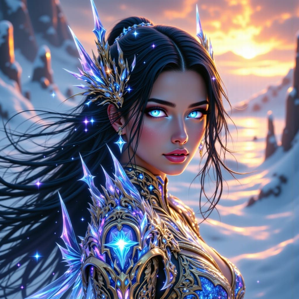 <lora:Anime style Women:1.0> <lora:cute women portrait:1.0>​A A powerful and ethereal woman stands amidst the frozen wasteland of an ancient...