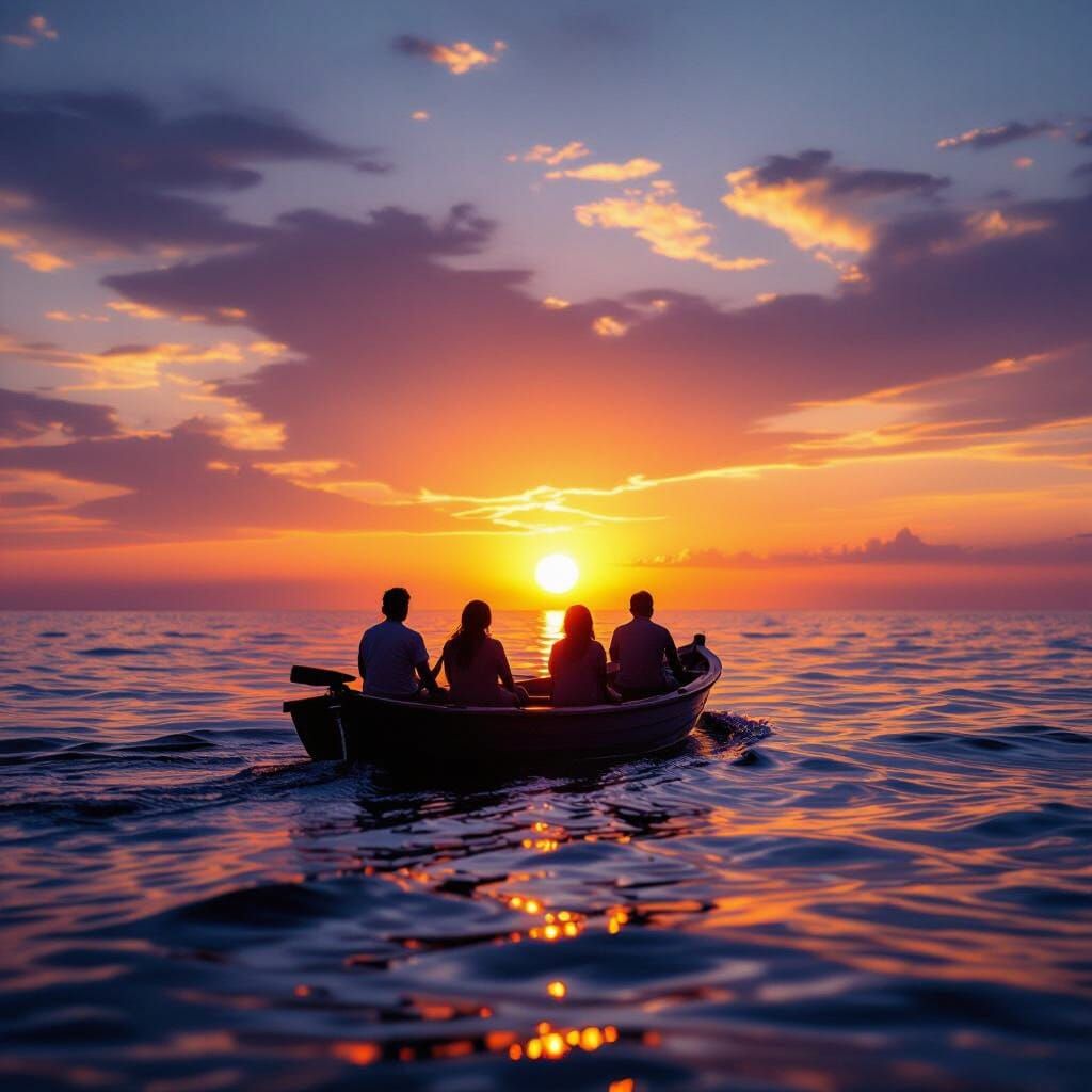 צלליות של אנשים שטים בשקיעה על השמש