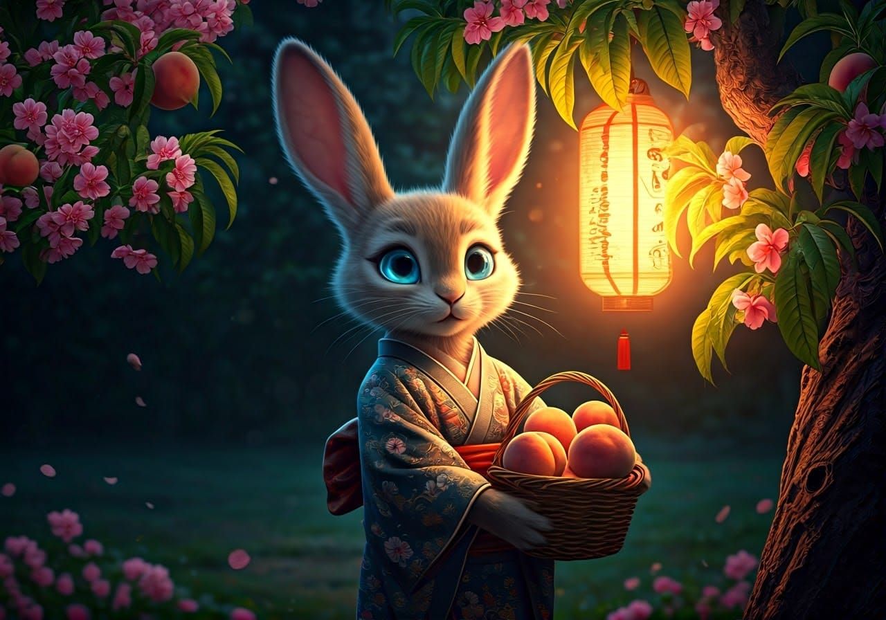 a photorealistic "incredibly cute art of an furry anthropomorphic bunny wearing a kimono gathering peaches ...  by @Spearmint