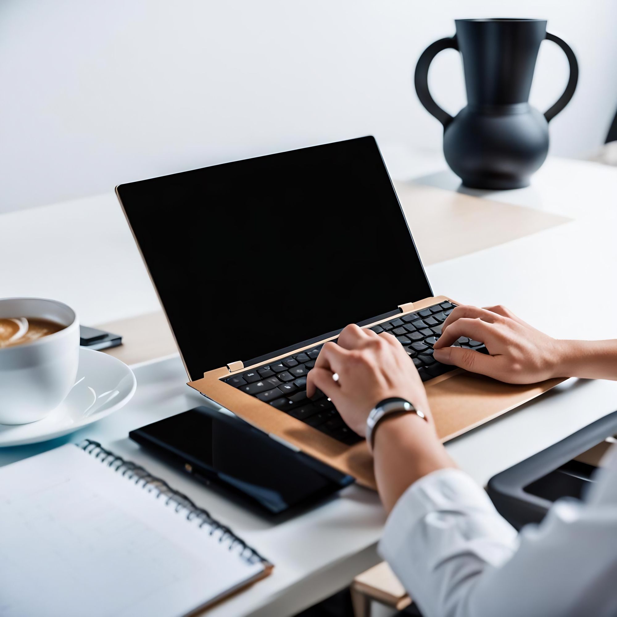 A secretary typing on a laptop computer in a corporate office. intricate details, HDR, beautifully shot, hyperrealistic, sharp focus, 64 meg...