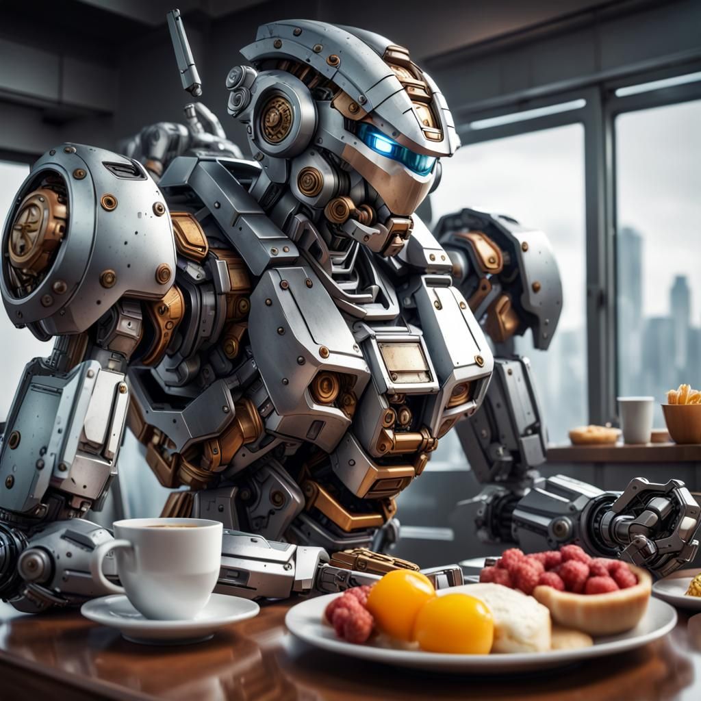 a mecha taking breakfast