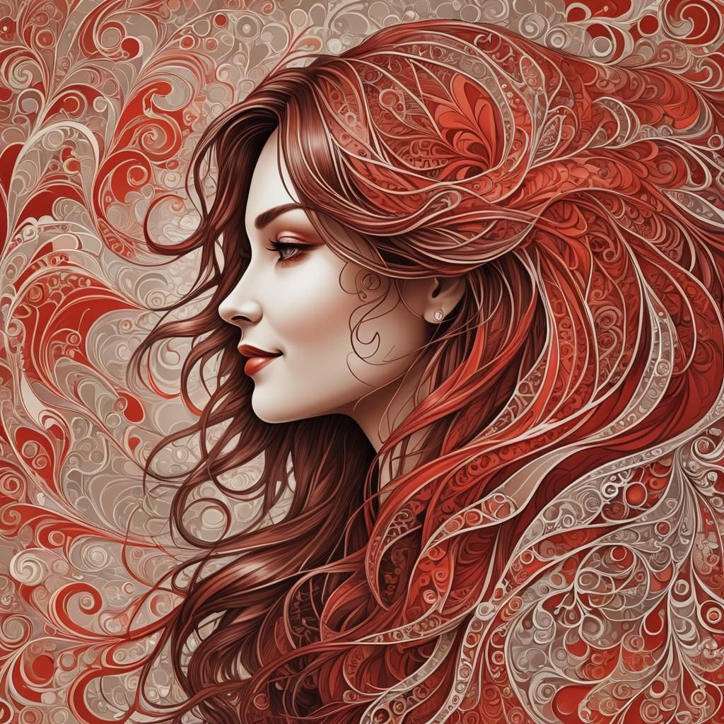 in all shades of red,drawing of the profile of a woman with ...