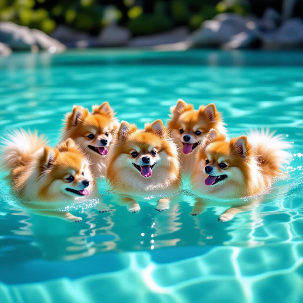 Pomeranians Play in Crystal Turquoise Water
