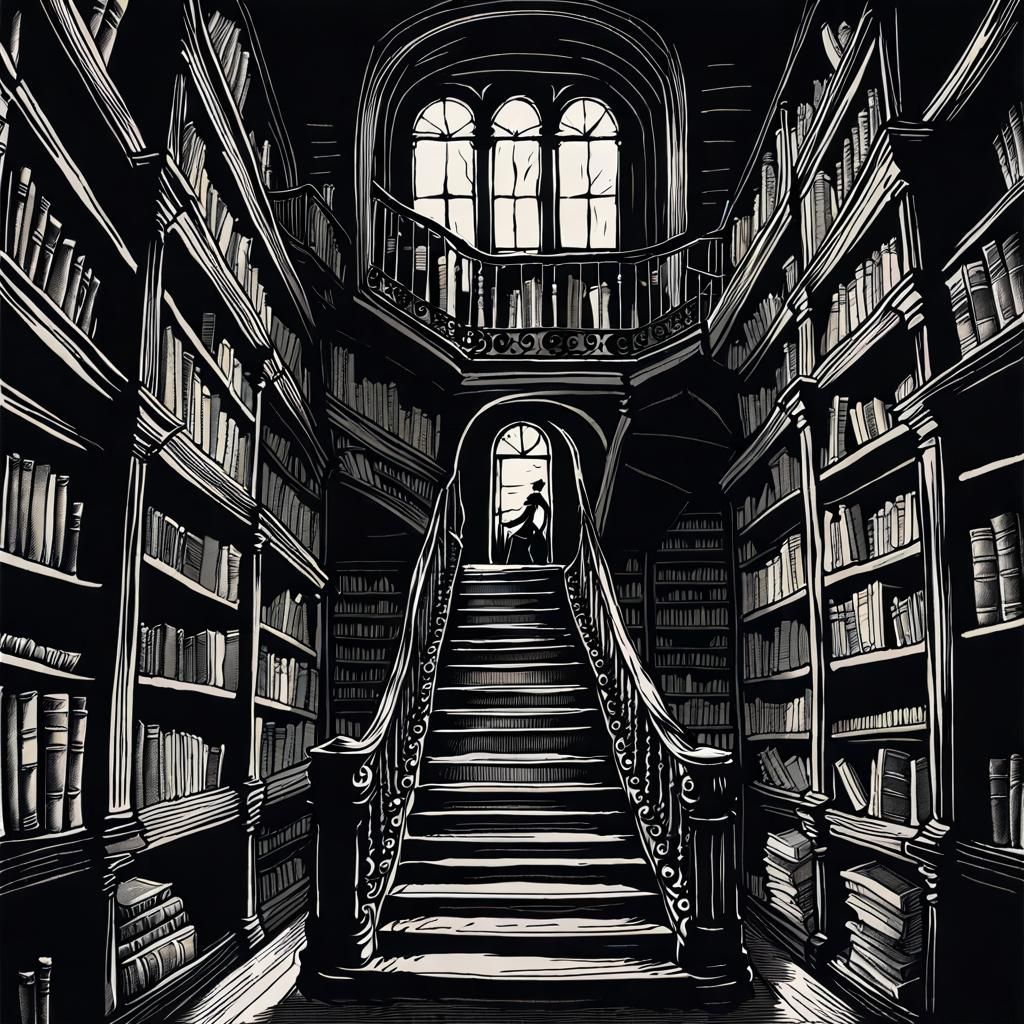a narrow winding staircase in an old library, staircase cove...