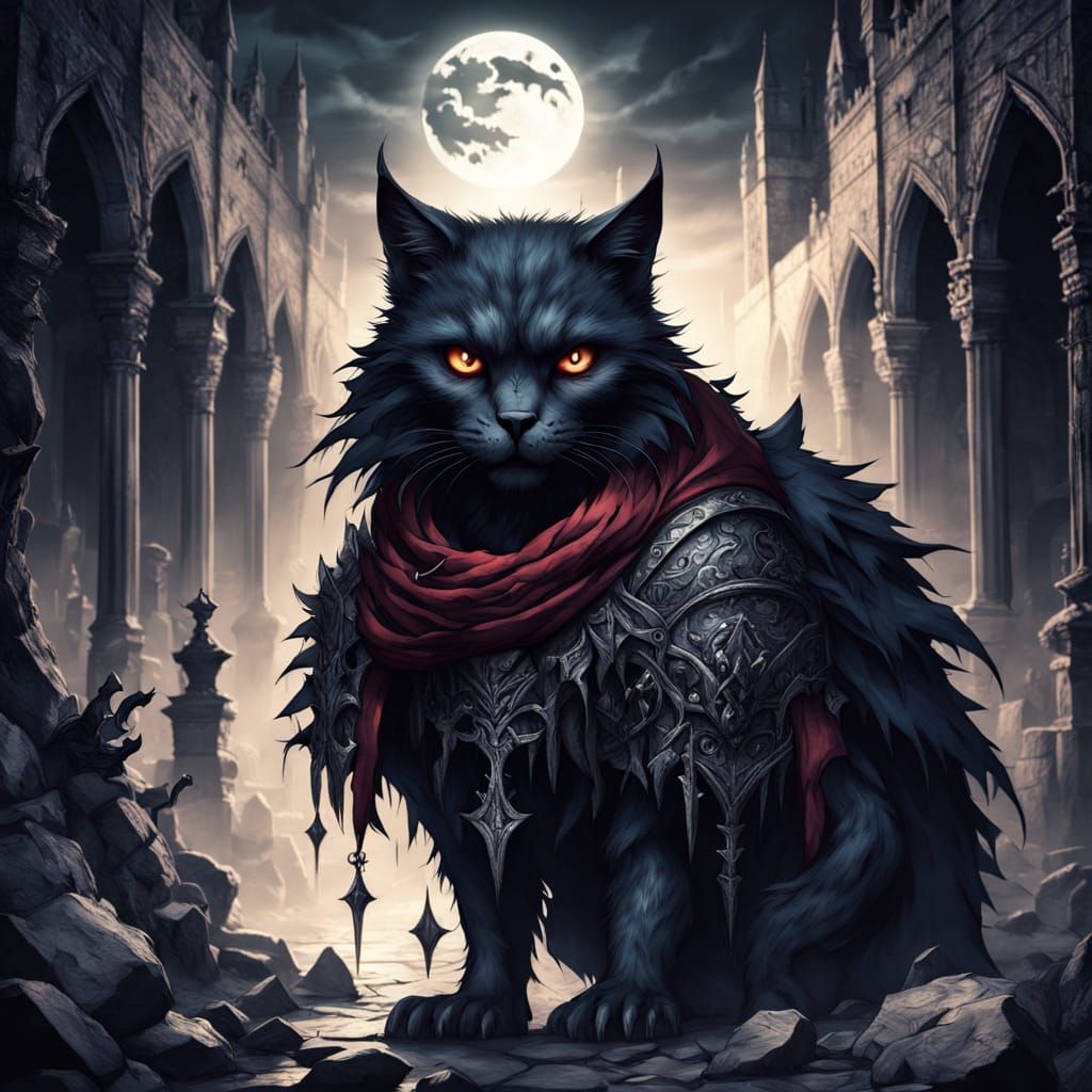 Gothic Vampire Cat in Moonlit Palace Ruins