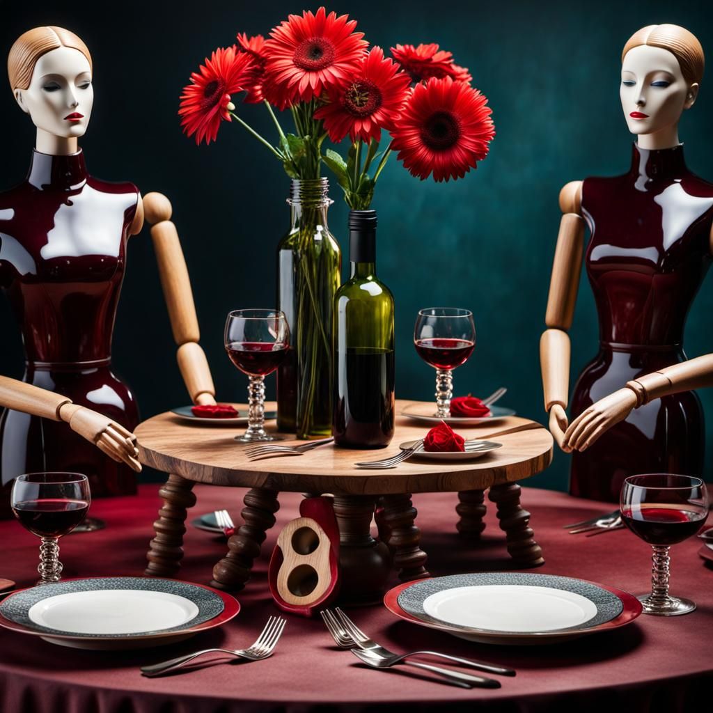 Surrealism Wooden table with plates and cutlery. Mannequins ...
