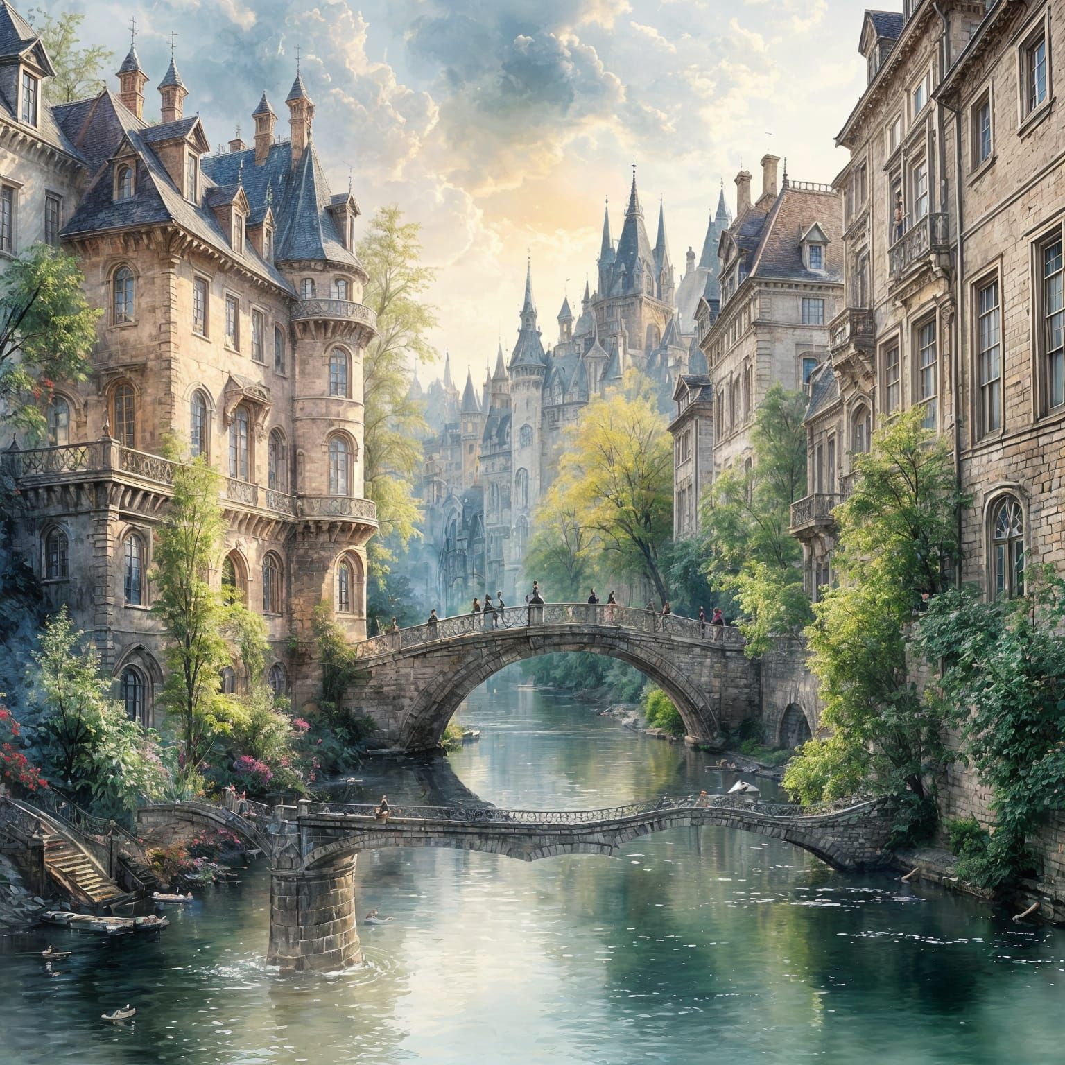 Venice Bridge in an Urban Landscape Painting