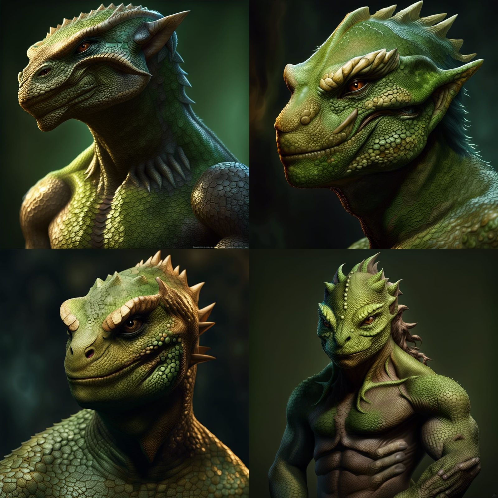 Lizard man, flowing reptilian skin, head and shoulders portr...