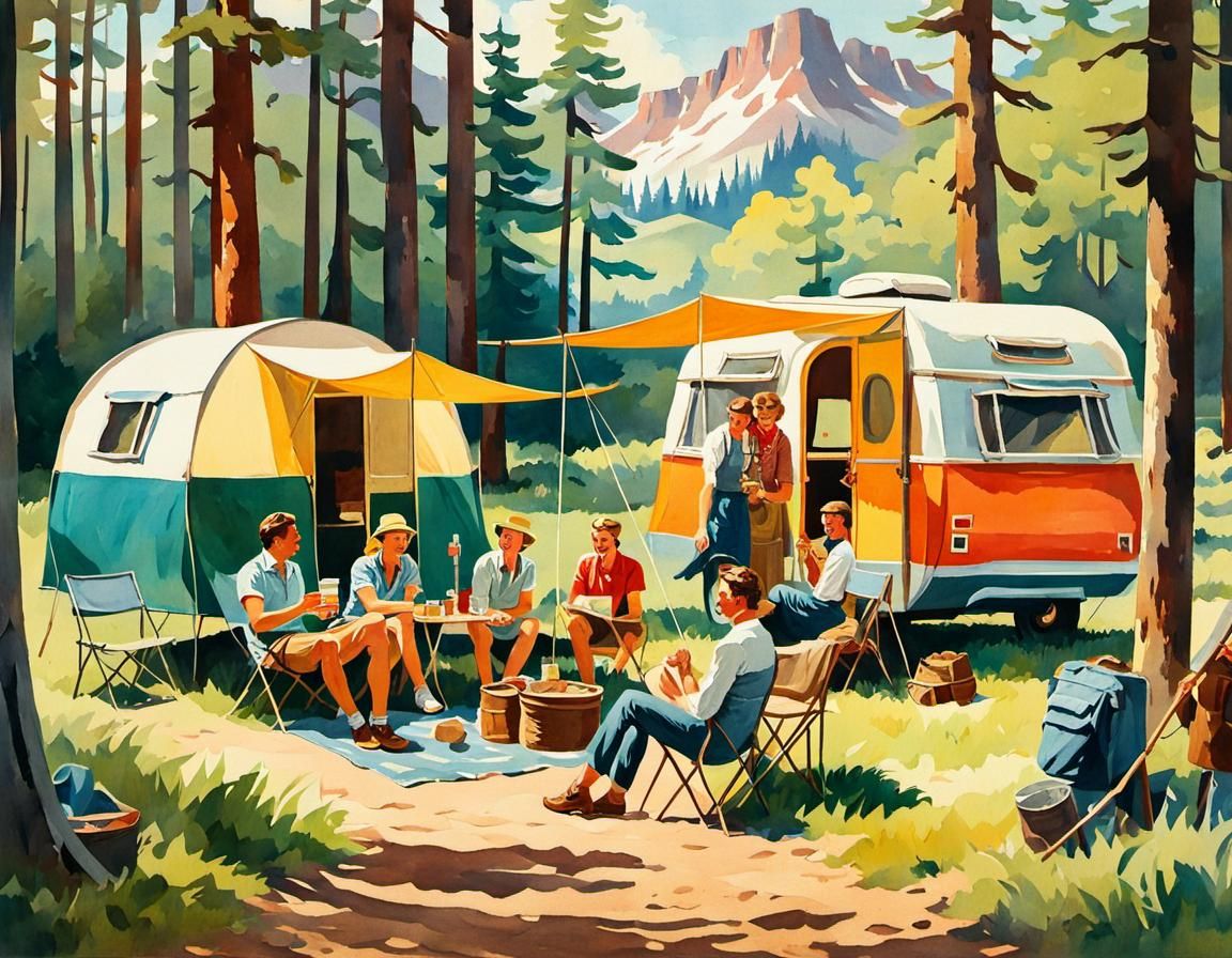 poster Vintage of a group of friends in a perfect camping se...