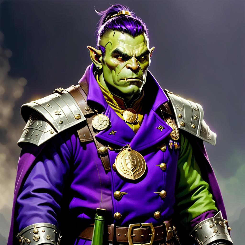 Half orc in purple and green military overcoat with gold and...