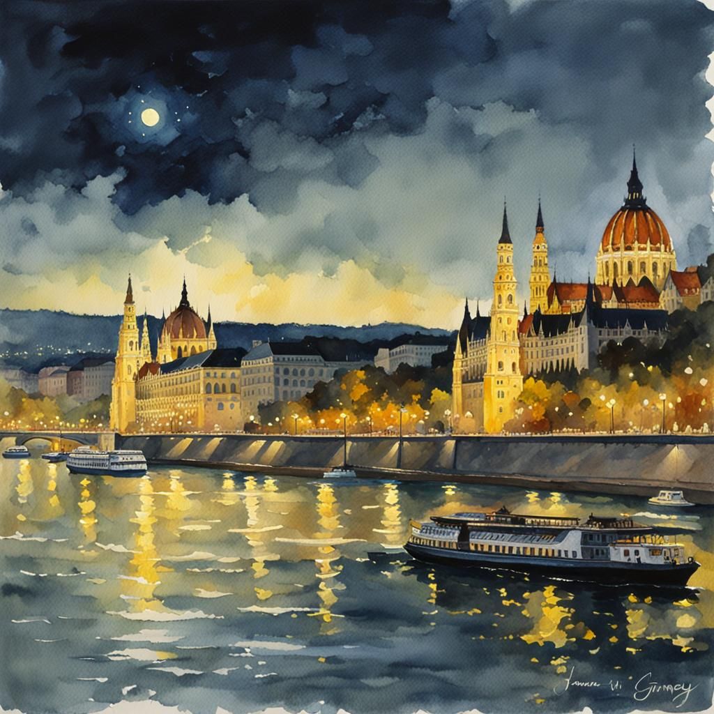 Budapest at Night: Watercolor Painting by James Gurney