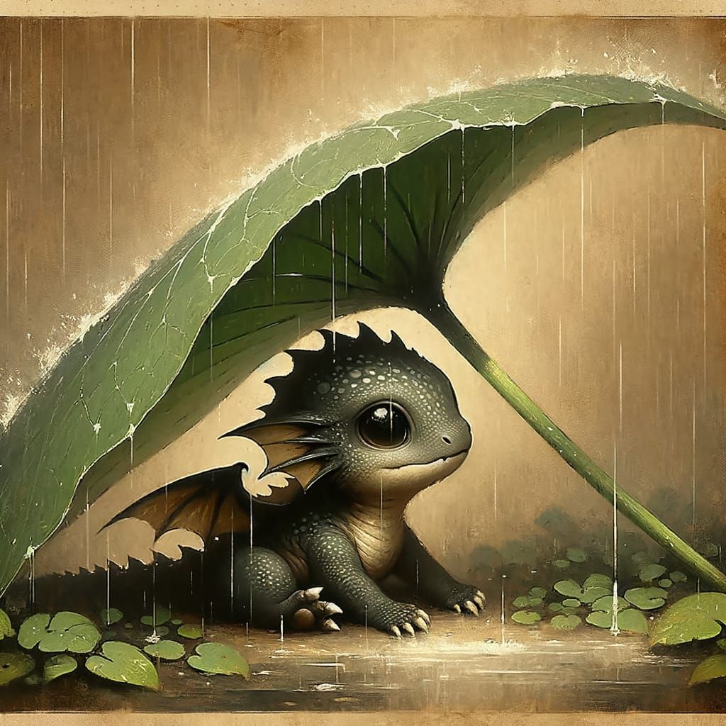 Cute Dragon in Rain, Aged Painting Style