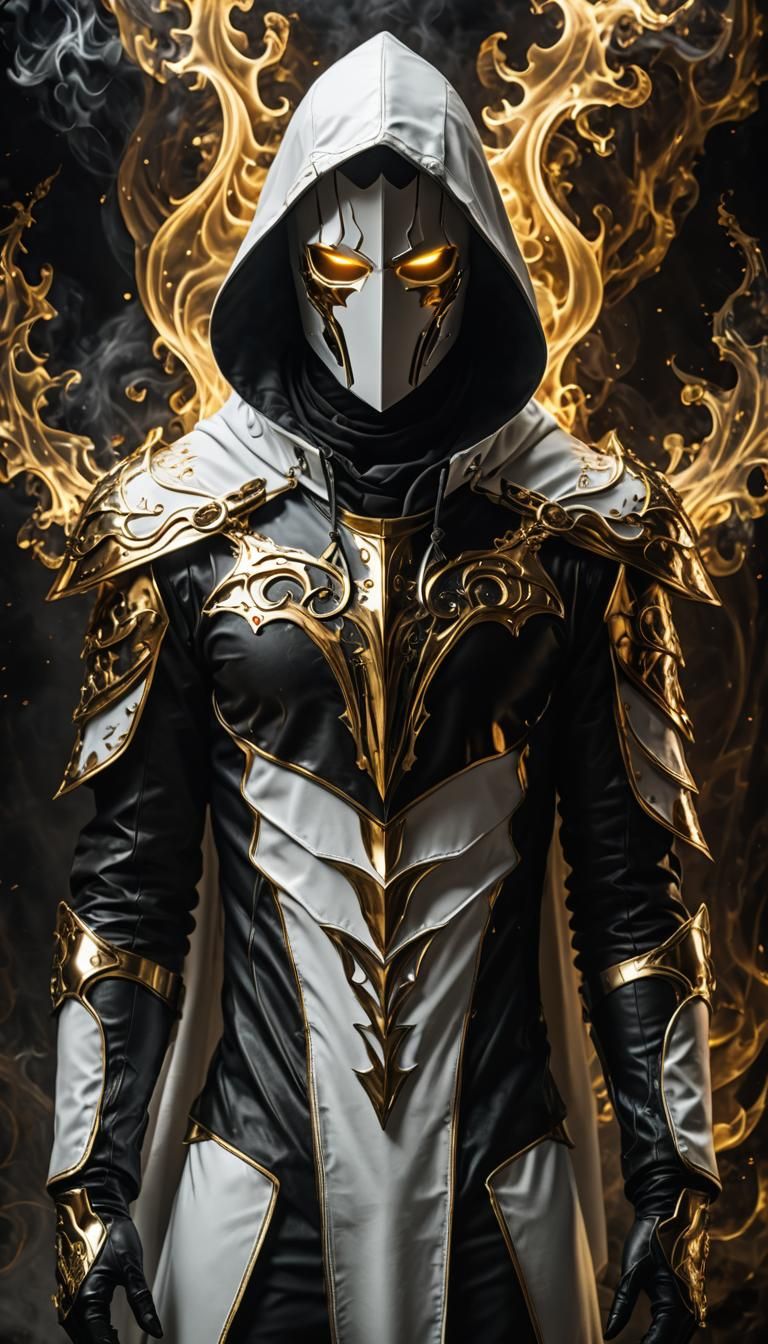 Dark fantasy, shadow knights, white and gold armor, hooded figure