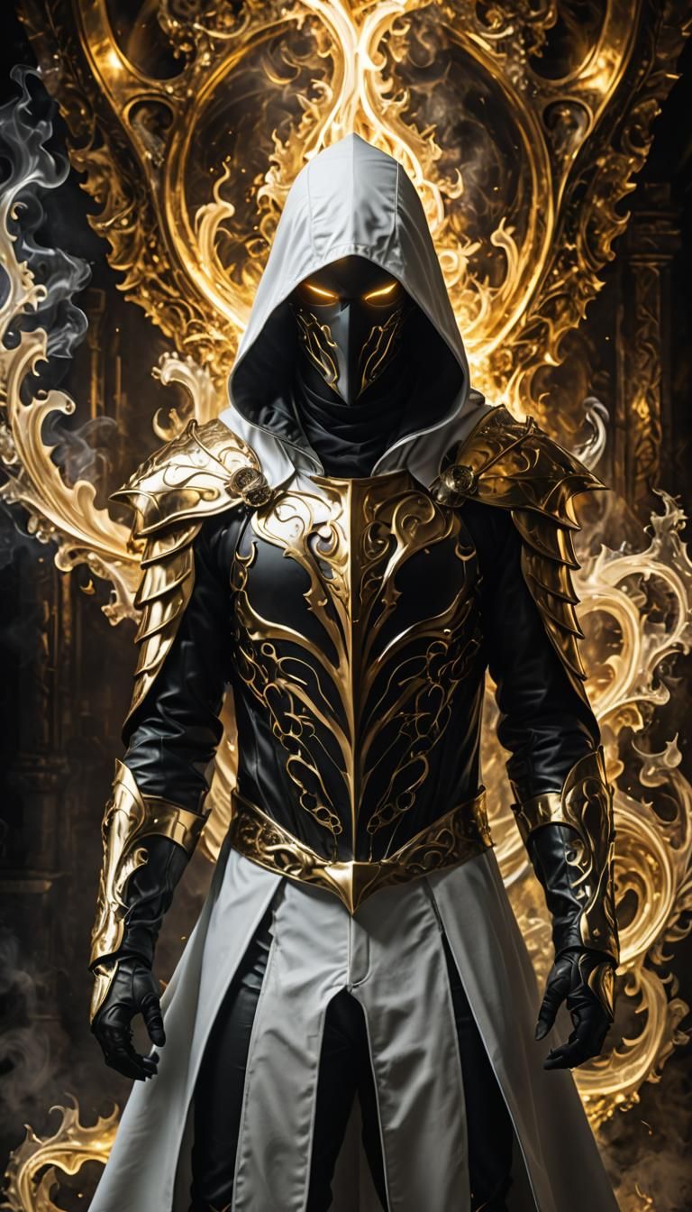 Dark fantasy, shadow knights, white and gold armor, hooded f...
