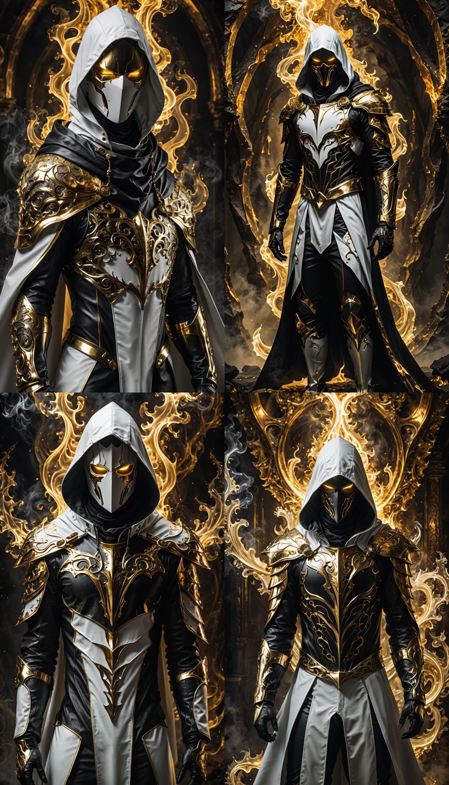 Dark fantasy, shadow knights, white and gold armor, hooded f...