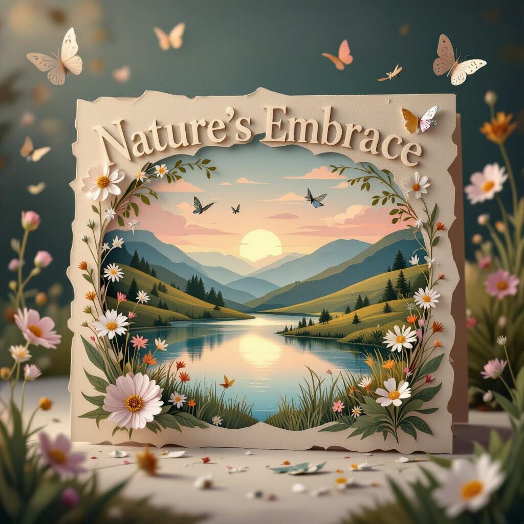 Vintage Postcard Landscape with Paper Cutouts