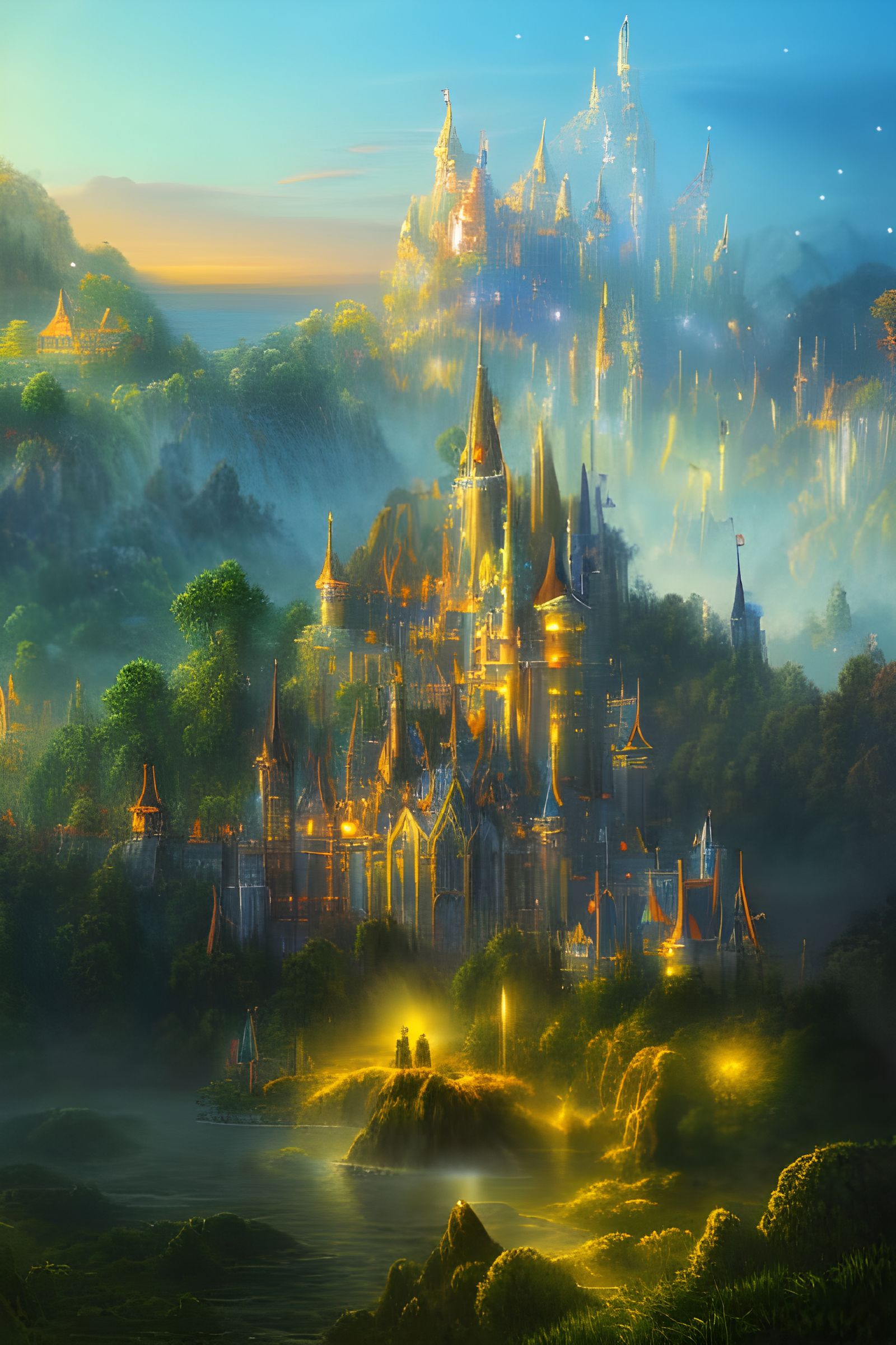 Sunset forest kingdom among high magic mountains
