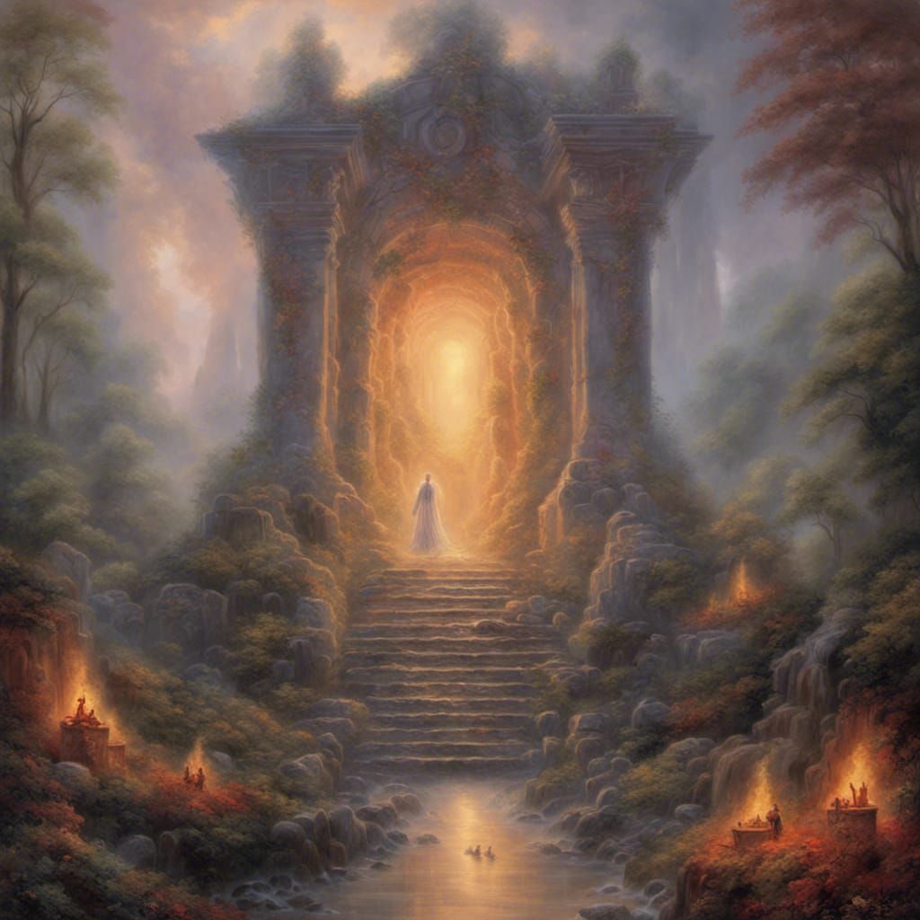 The entrance to Hell ethereal fantasy hyperdetailed mist Thomas Kinkade ...