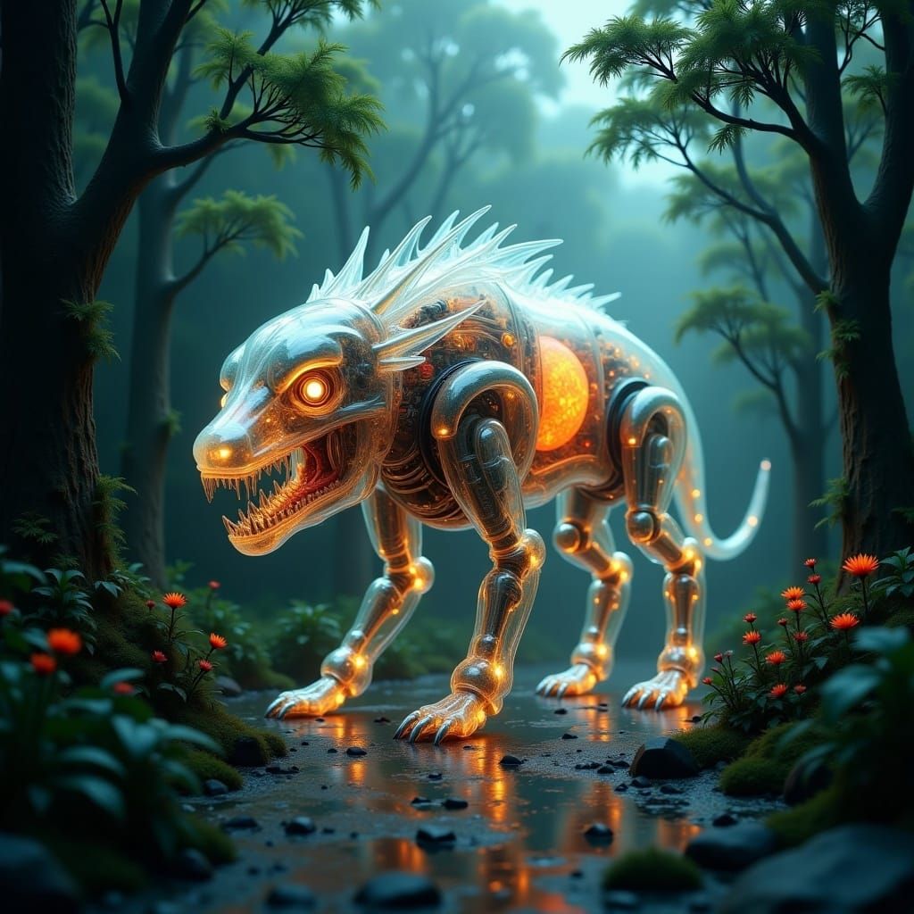 <lora:Transparent:1.0>A massive transparent animal robot, totally transparent where you can see all the parts of the engine, heart, veins, a...