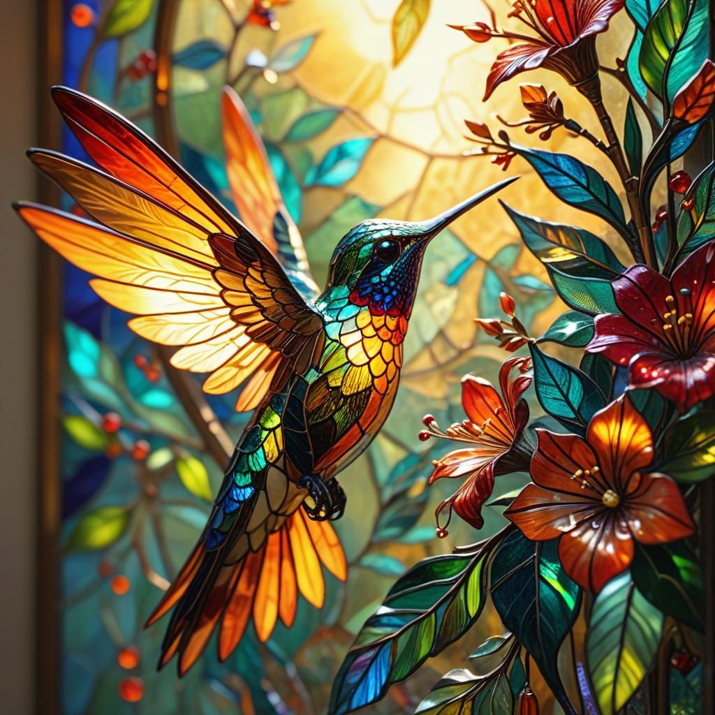 A vivid stained glass hummingbird filled with brilliant sunshine, feeding from a delicate glass flower, ...  by @FlibbertyGibbitt