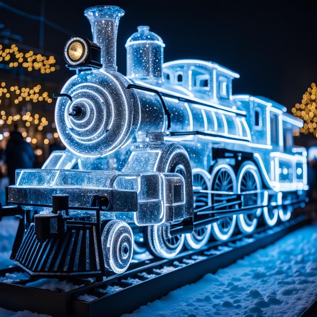 Ice sculpture of a majestic, enchanted train, glowing from within.  by @Barton