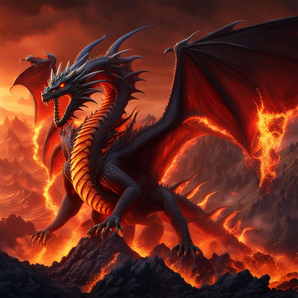 dragon climbing out of a erupting volcano that has three tai...