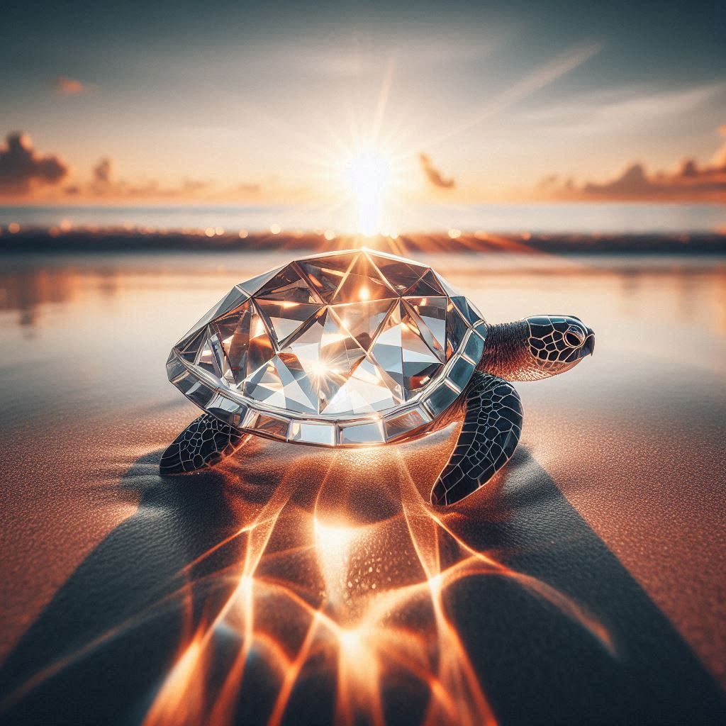 Sunset reflecting on diamond shell turtle on beach