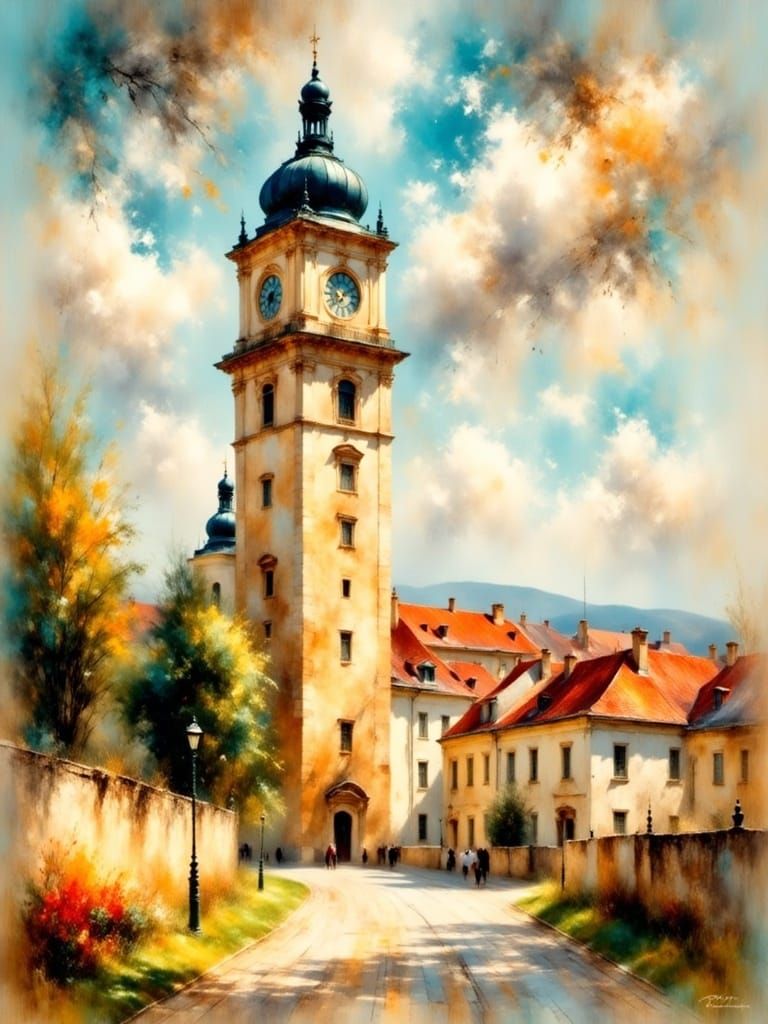 <lora:ImpressionistMusings:1.0>Impressionist painting, Sighișoara Clock Tower, sunny day. Soft brushstrokes and vivid color palette reminisc...