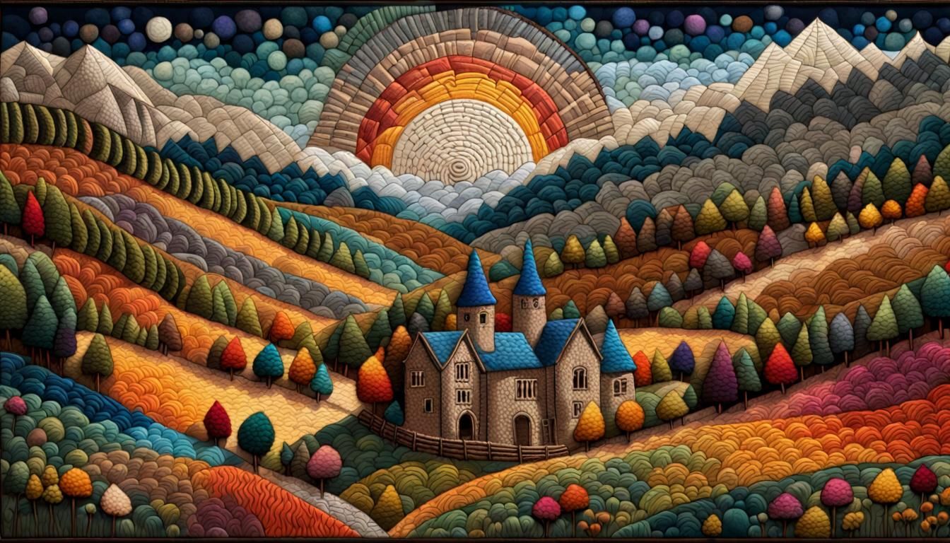 Patchwork knitted embroidery art on textured fabric by John Piper, John Ruskin, Andy Kehoe, Albert Uderzo, ...  by @Kindly Offer