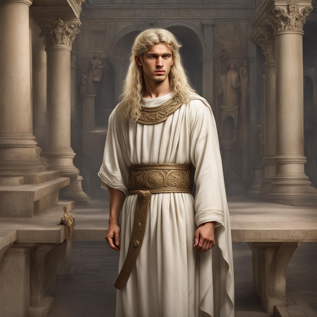 An 18-year-old ancient Roman High Priest with silver blond l...