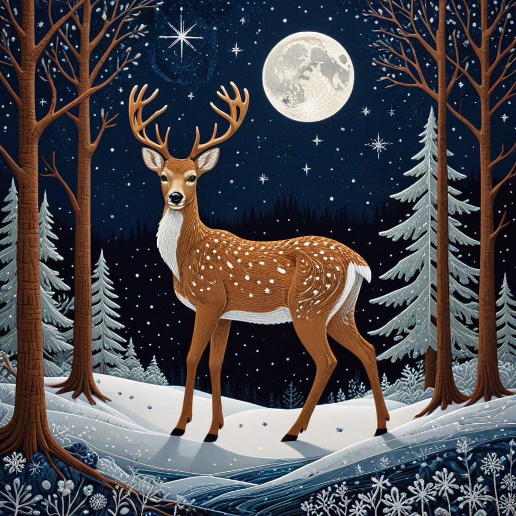 Winter Deer in Whimsical Woodscape