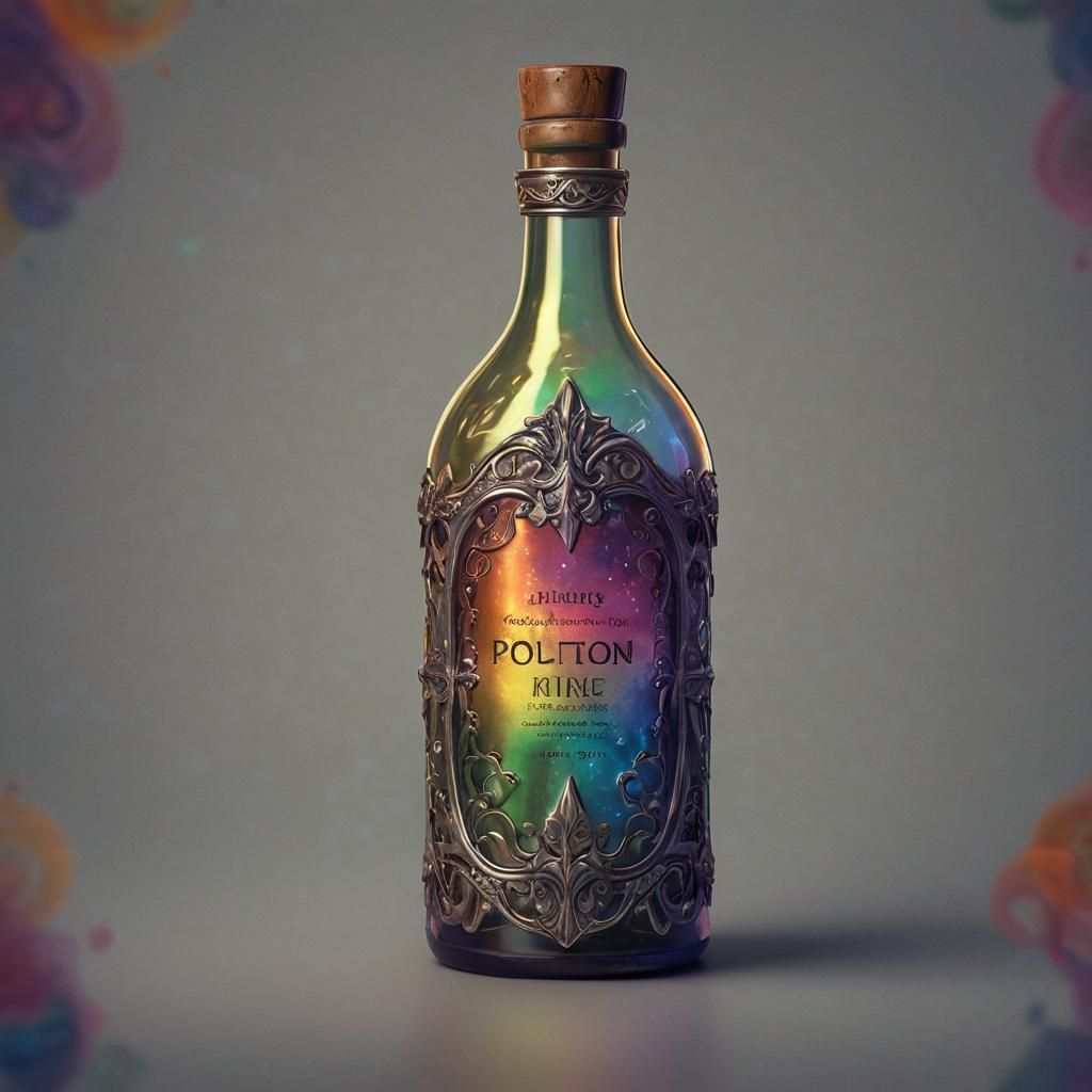 A wine bottle holding an exotic colorful potion, beautiful, detailed, ornate, iridescent 